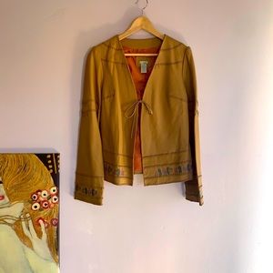 Anthropologie Odille Caramel Leather Tie Blazer with Stitching Size 8
